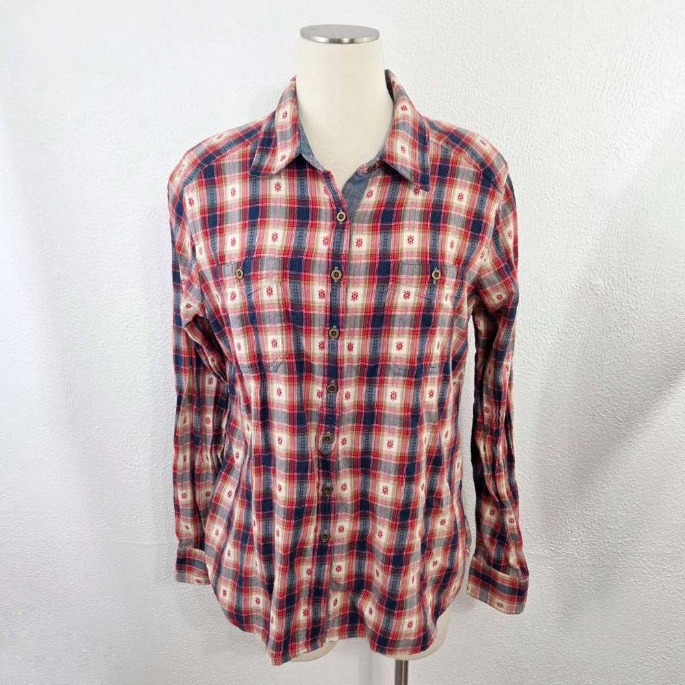 Sundance plaid cotton button down shirt red navy cream embroidered women's large